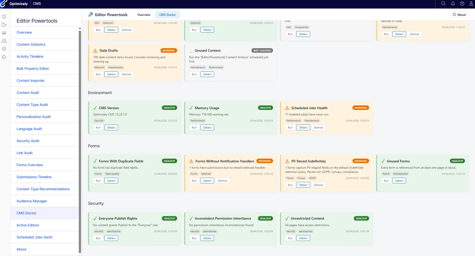 CMS Doctor dashboard with a Forms section of health-check cards — Forms With Duplicate Fields, Forms Without Notification Handlers, PII Stored Indefinitely, and Unused Forms — each with a status and tags