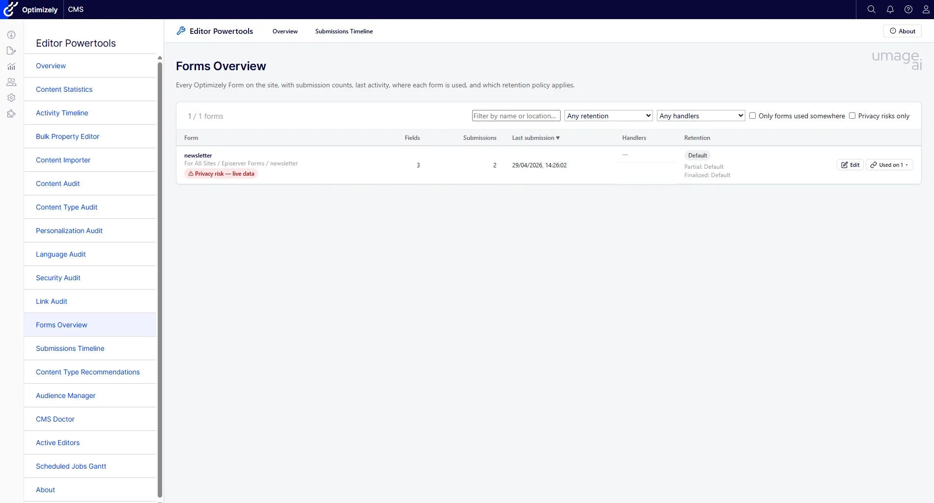 Forms Overview inventory listing every Optimizely Form with submission counts, last activity, notification handlers, and retention policy, with a privacy-risk flag on a form holding live data