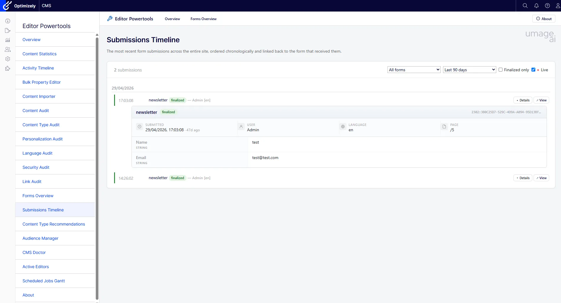 Submissions Timeline showing a cross-form chronological feed of recent form submissions with an expanded entry detailing submitted field values, user, language, and page