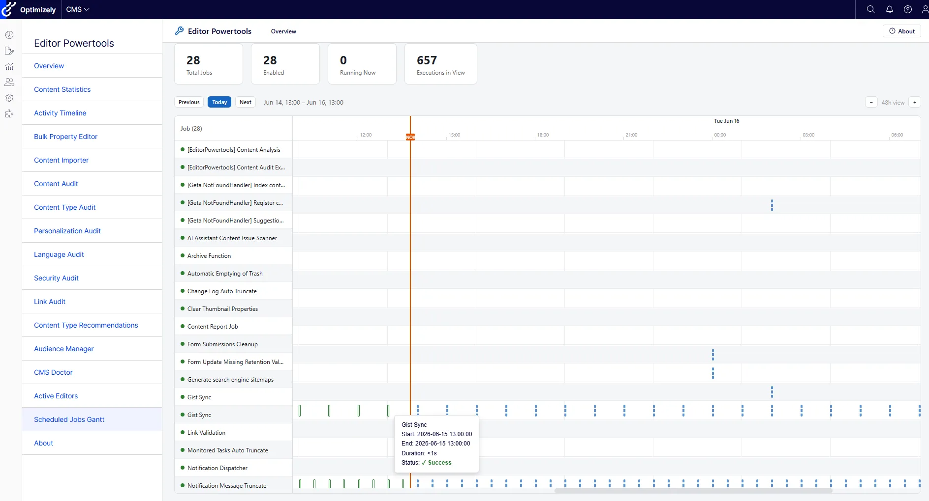 Scheduled Jobs Gantt chart showing 28 Optimizely scheduled jobs as rows, each with its execution history plotted on a 48-hour timeline. A hovered job displays a tooltip with start time, end time, sub-second duration, and a Success status.